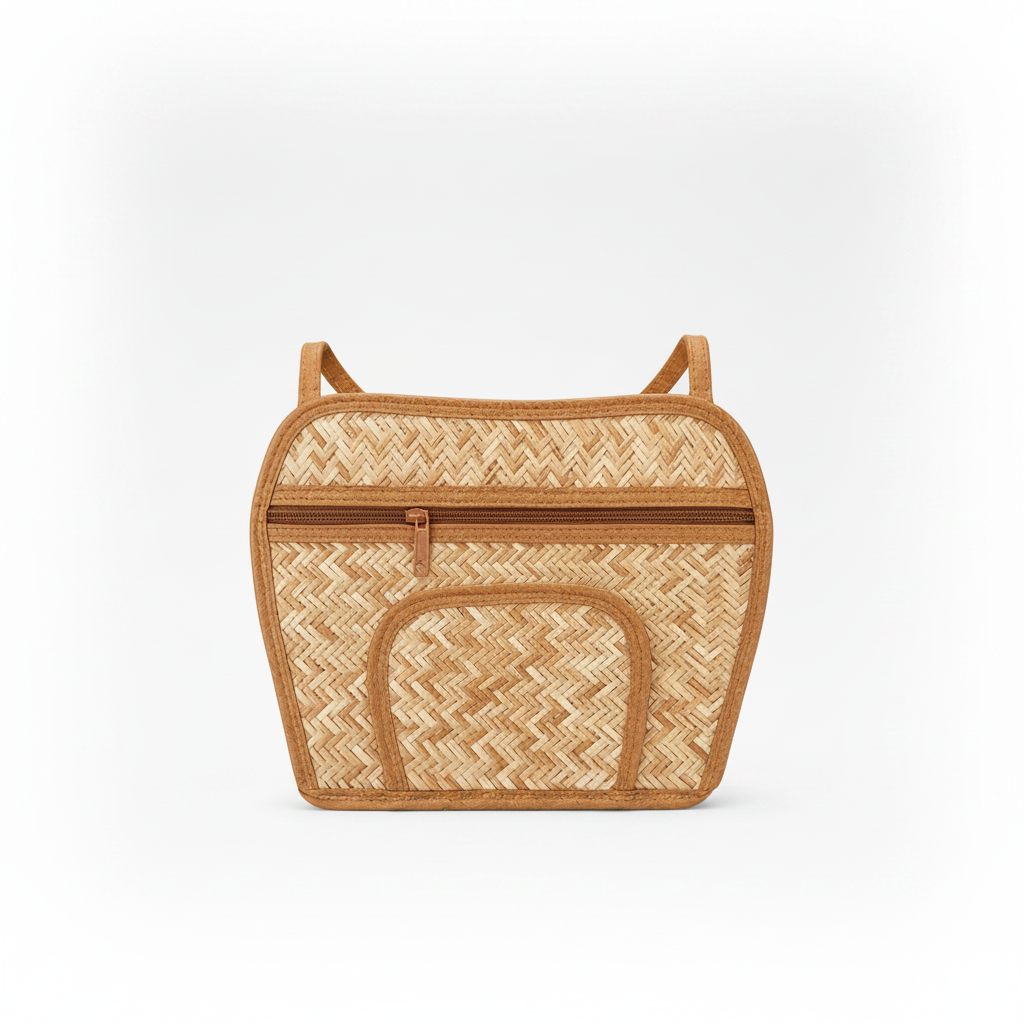 Woven bag with a zigzag pattern on a white background