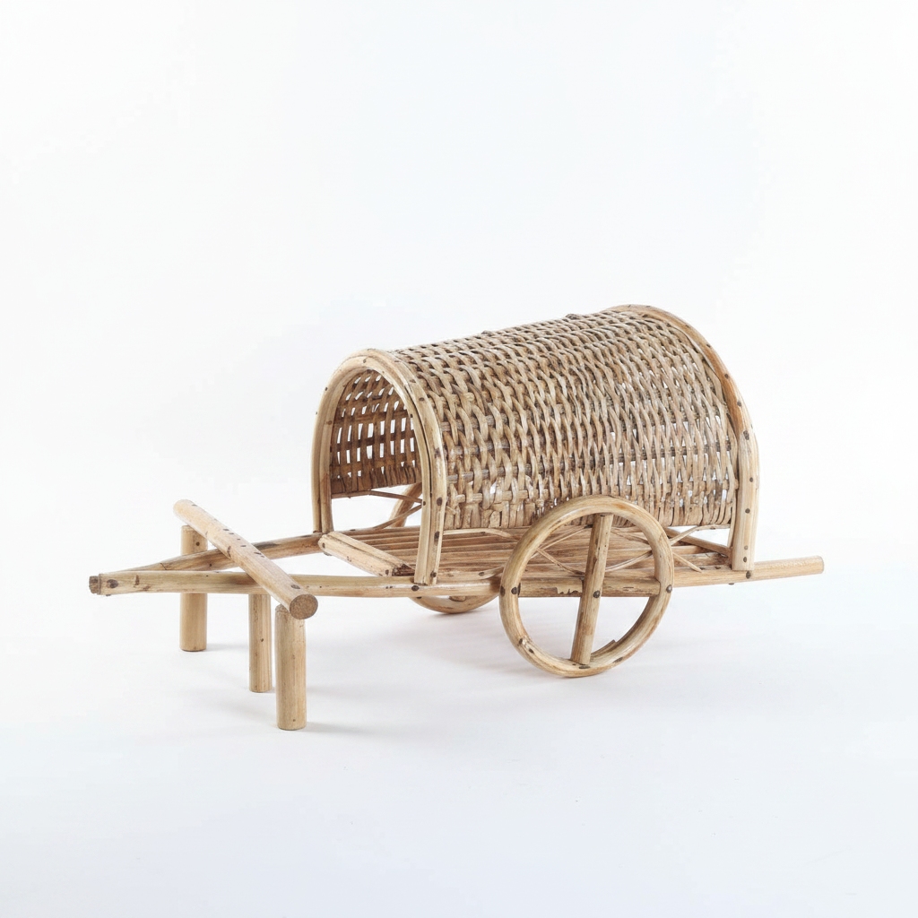 Wicker cart with wheels on a textured wall background