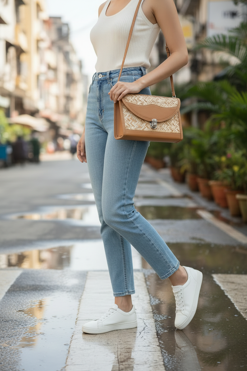 Woven handbag with brown leather accents on a white background