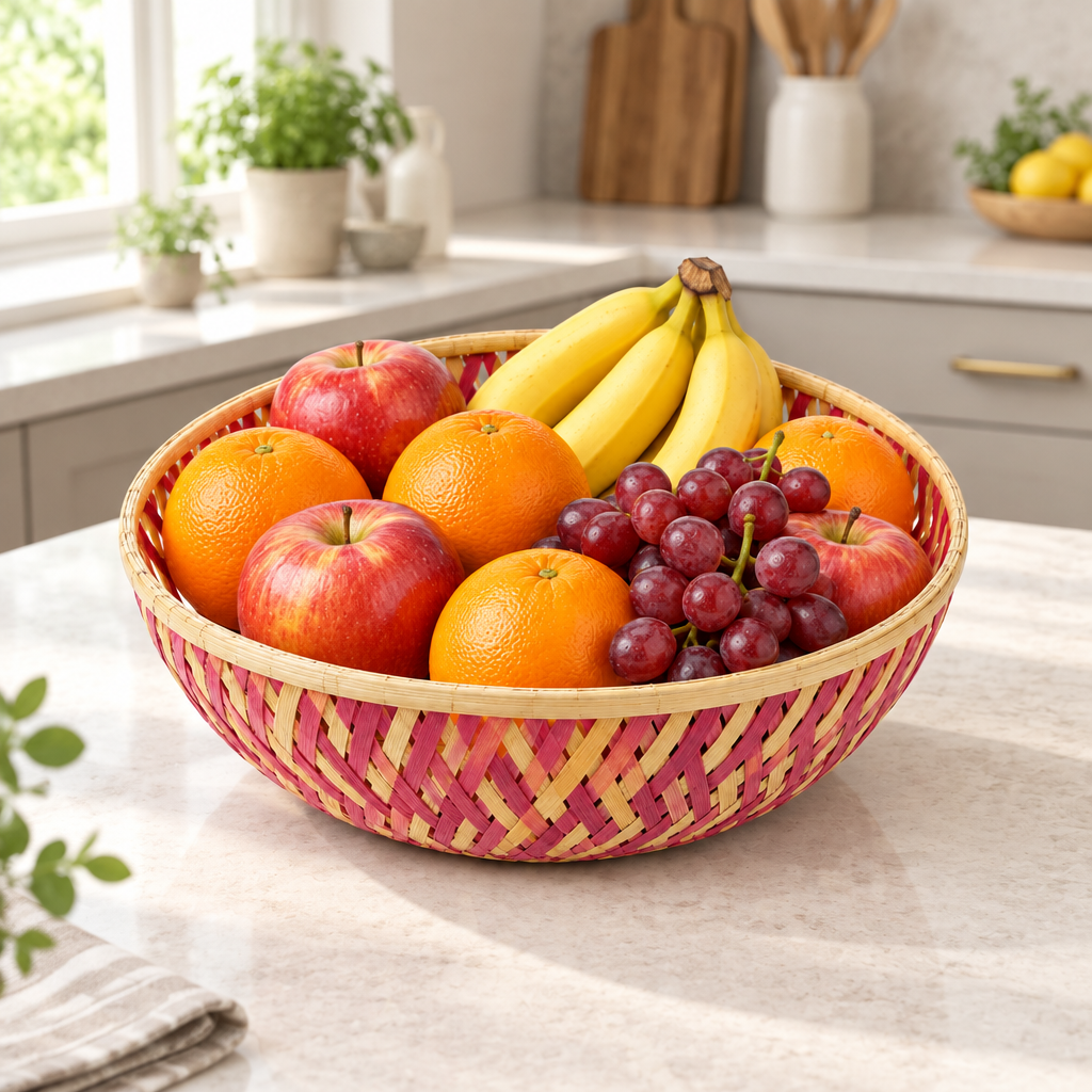 Fruit-filled woven basket on a modern kitchen countertop with bright natural lighting
